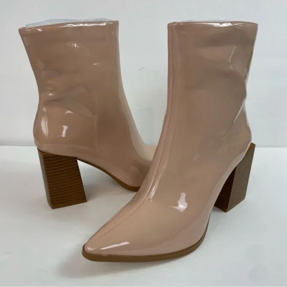 Lulus Dawnn Light Nude Patent Pointed Toe Block Heel Ankle Booties Size 7.5 - Picture 5 of 6
